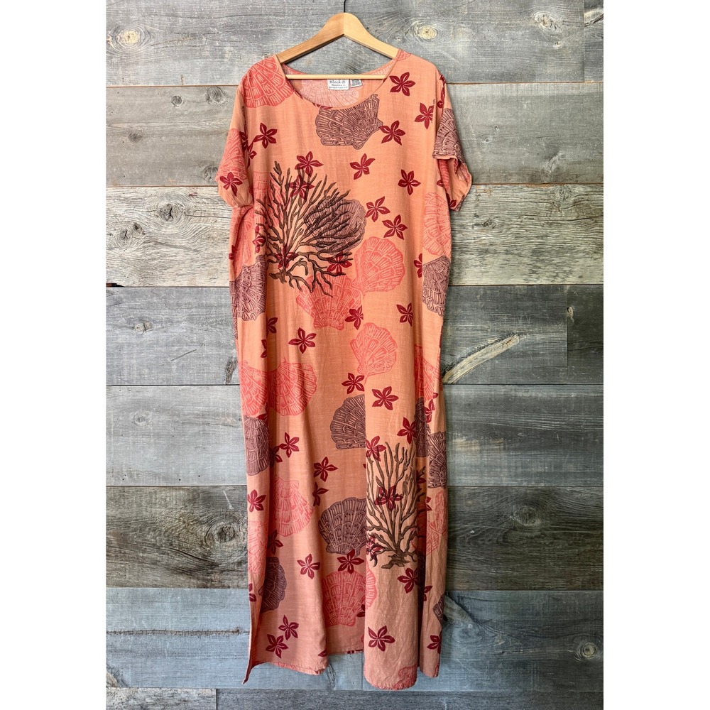 Block It Hawaii Vintage Printed Maxi Dress 3X Peach Coral Muumuu Seashell Kaftan